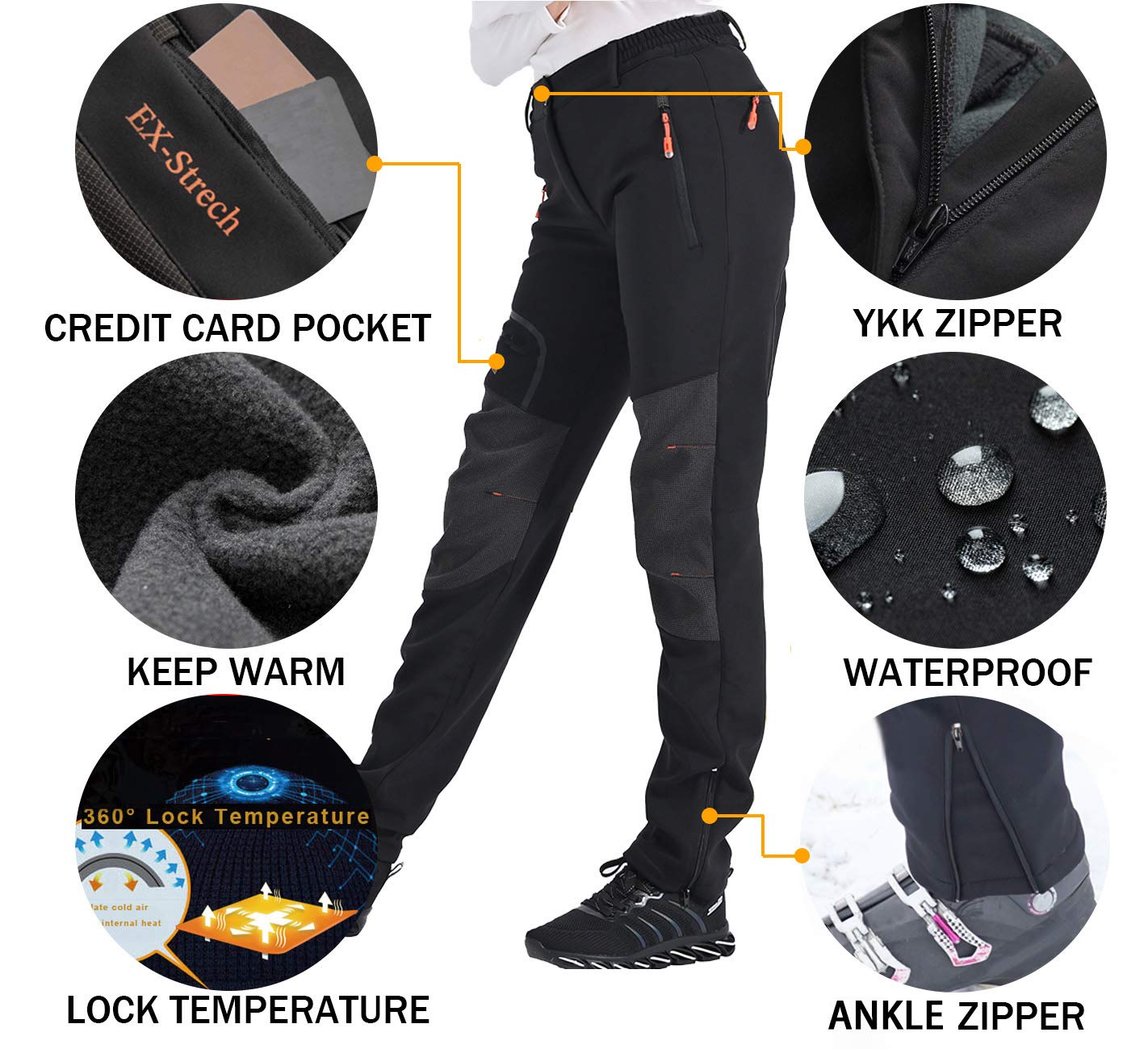 Postropaky Womens Outdoor Snow Ski Pants Waterproof Hiking Insulated Softshell Pants Snowboard Zipper Bottom Leg(313Black12R)