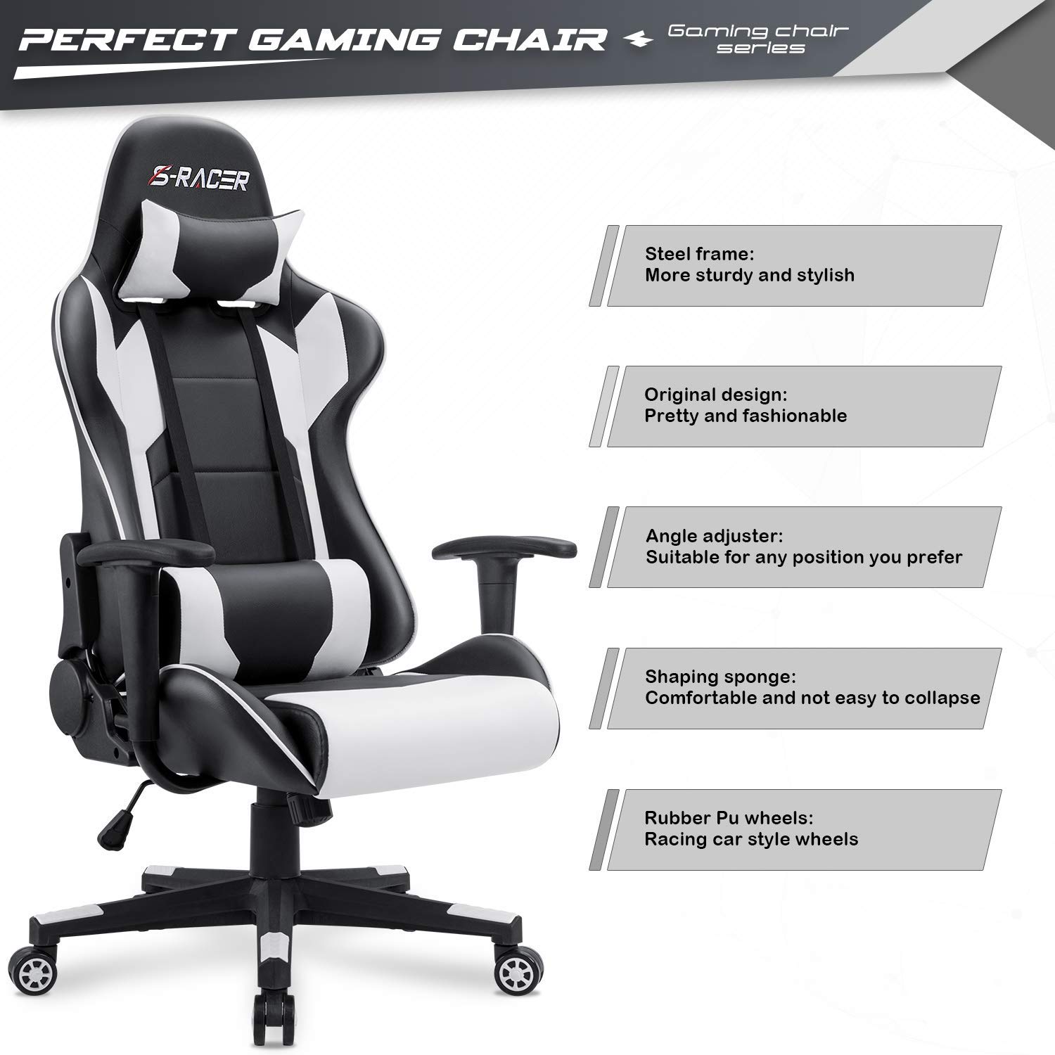 Furniwell Gaming Chair PU Leather Office Chair High Back Computer Chair Desk Chair Adjustable Swivel Racing Executive Leather Ergonomic Task Chair with Headrest and Lumbar Support (White)