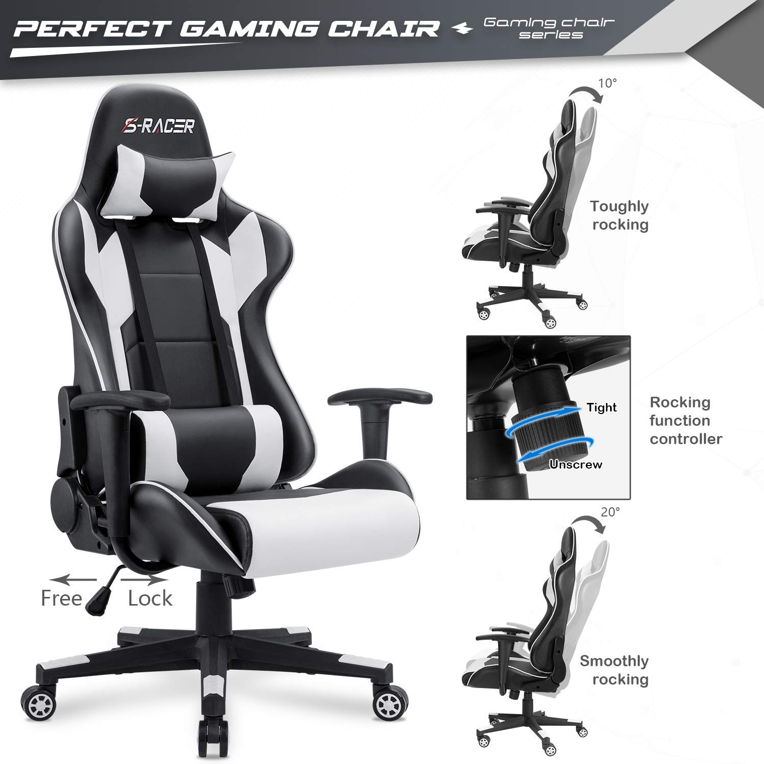 Furniwell Gaming Chair PU Leather Office Chair High Back Computer Chair Desk Chair Adjustable Swivel Racing Executive Leather Ergonomic Task Chair with Headrest and Lumbar Support (White)