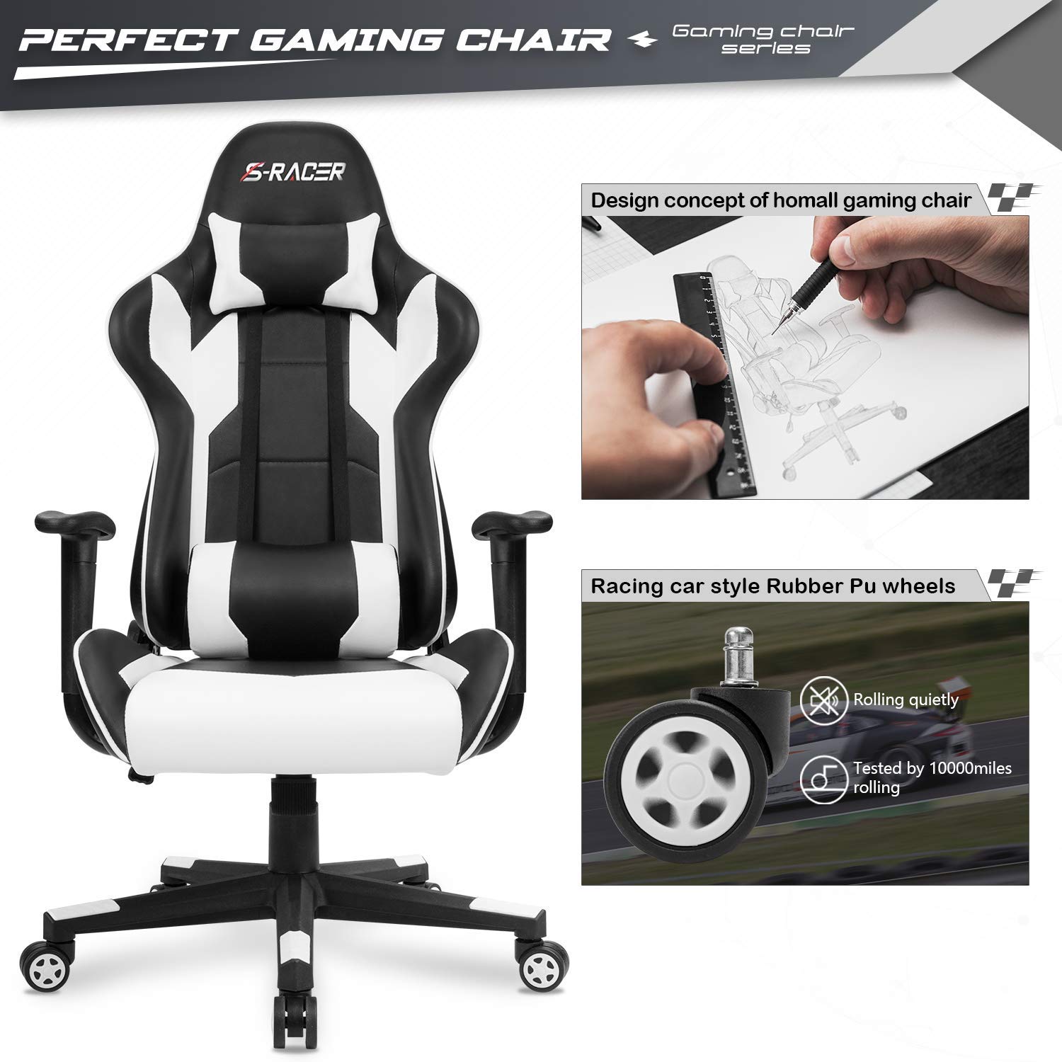 Furniwell Gaming Chair PU Leather Office Chair High Back Computer Chair Desk Chair Adjustable Swivel Racing Executive Leather Ergonomic Task Chair with Headrest and Lumbar Support (White)