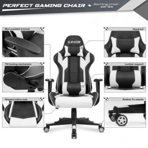 Furniwell Gaming Chair PU Leather Office Chair High Back Computer Chair Desk Chair Adjustable Swivel Racing Executive Leather Ergonomic Task Chair with Headrest and Lumbar Support (White)