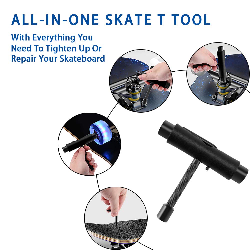 Keecaan All-in-One Skate Tools, T Skateboard Tool and Allen Key with Cross Screwdriver Head, Multi-Function Portable Skateboard T Tool (Black)