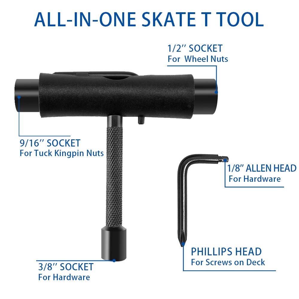 Keecaan All-in-One Skate Tools, T Skateboard Tool and Allen Key with Cross Screwdriver Head, Multi-Function Portable Skateboard T Tool (Black)