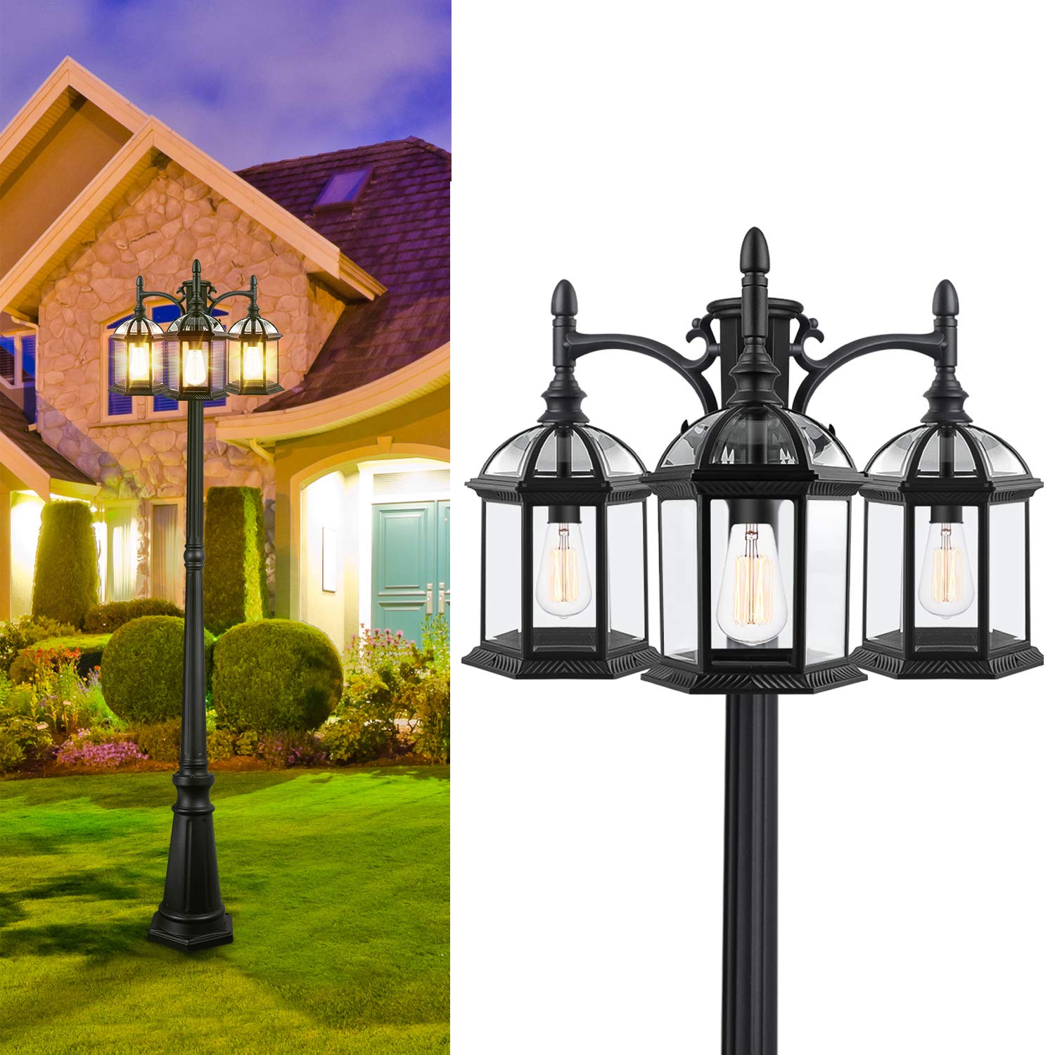 CINOTON Outdoor Lamp Post Light, 3-Head Surface-Mount Post Waterproof Outside Pole Light Aluminum, Black Birdcage Design Outdoor Street Light Pole Lamp Triple-Head for Backyard, Patio, Garden, Walkway