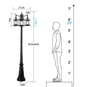 CINOTON Outdoor Lamp Post Light, 3-Head Surface-Mount Post Waterproof Outside Pole Light Aluminum, Black Birdcage Design Outdoor Street Light Pole Lamp Triple-Head for Backyard, Patio, Garden, Walkway