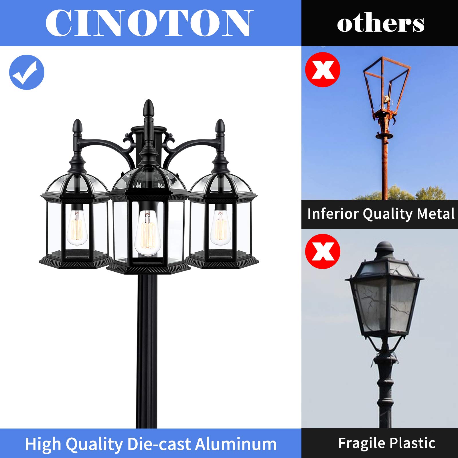 CINOTON Outdoor Lamp Post Light, 3-Head Surface-Mount Post Waterproof Outside Pole Light Aluminum, Black Birdcage Design Outdoor Street Light Pole Lamp Triple-Head for Backyard, Patio, Garden, Walkway