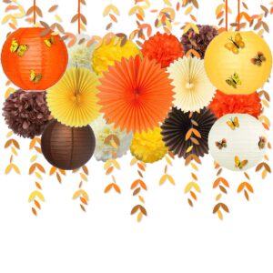 fall party decorations kit yellow orange brown paper hanging fans lantern flowers pom pom with 3d butterfly autumn leaves garland for wedding bridal shower birthday harvest thanksgiving party supplies