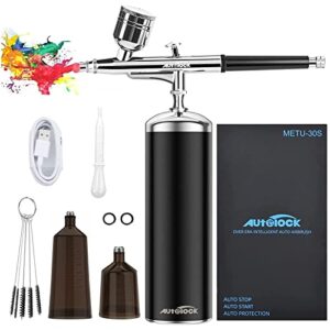 autolock upgraded airbrush kit with air compressor, portable cordless auto airbrush gun kit, rechargeable handheld airbrush set for makeup, cake decor, model coloring, nail art, tattoo