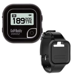golfbuddy voice 2 talking gps rangefinder (bundle), long lasting battery golf distance range finder & silicon strap wristband (voice 2, black voice 2 + black wristband)