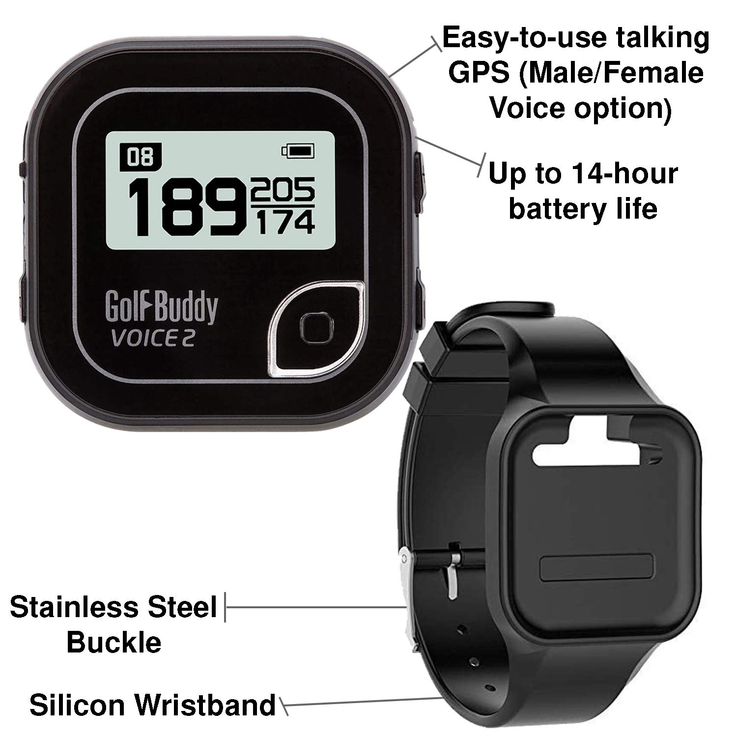 GOLFBUDDY Voice 2 Talking GPS Rangefinder (Bundle), Long Lasting Battery Golf Distance Range Finder & Silicon Strap Wristband (Voice 2, Black Voice 2 + Black Wristband)