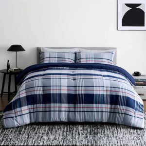 bedsure twin comforter set plaid - grid navy blue and grey comforter, lightweight comforter checkered soft twin bed comforter set for boys with 1 pillow sham (twin, 68"×88")