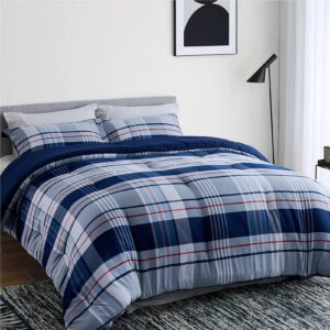 Bedsure Twin Comforter Set Plaid - Grid Navy Blue and Grey Comforter, Lightweight Comforter Checkered Soft Twin Bed Comforter Set for Boys with 1 Pillow Sham (Twin, 68"×88")