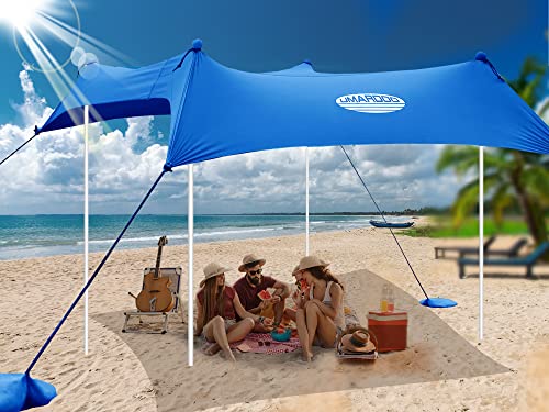 UMARDOO Family Beach Tent Canopy Sun Shade Portable 10×10FT, Large Wind Resistance Beach Sun Shelter Easy Setup with Packable Carry Bag for Outdoor Travel UPF 50+ (Blue)