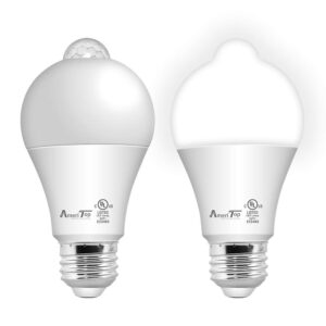 ameritop motion sensor light bulb- 2 pack, 10w(60w equivalent) 806lm motion activated dusk to dawn security led bulb; ul listed, a19, e26, auto on/off indoor outdoor lighting (5000k daylight)