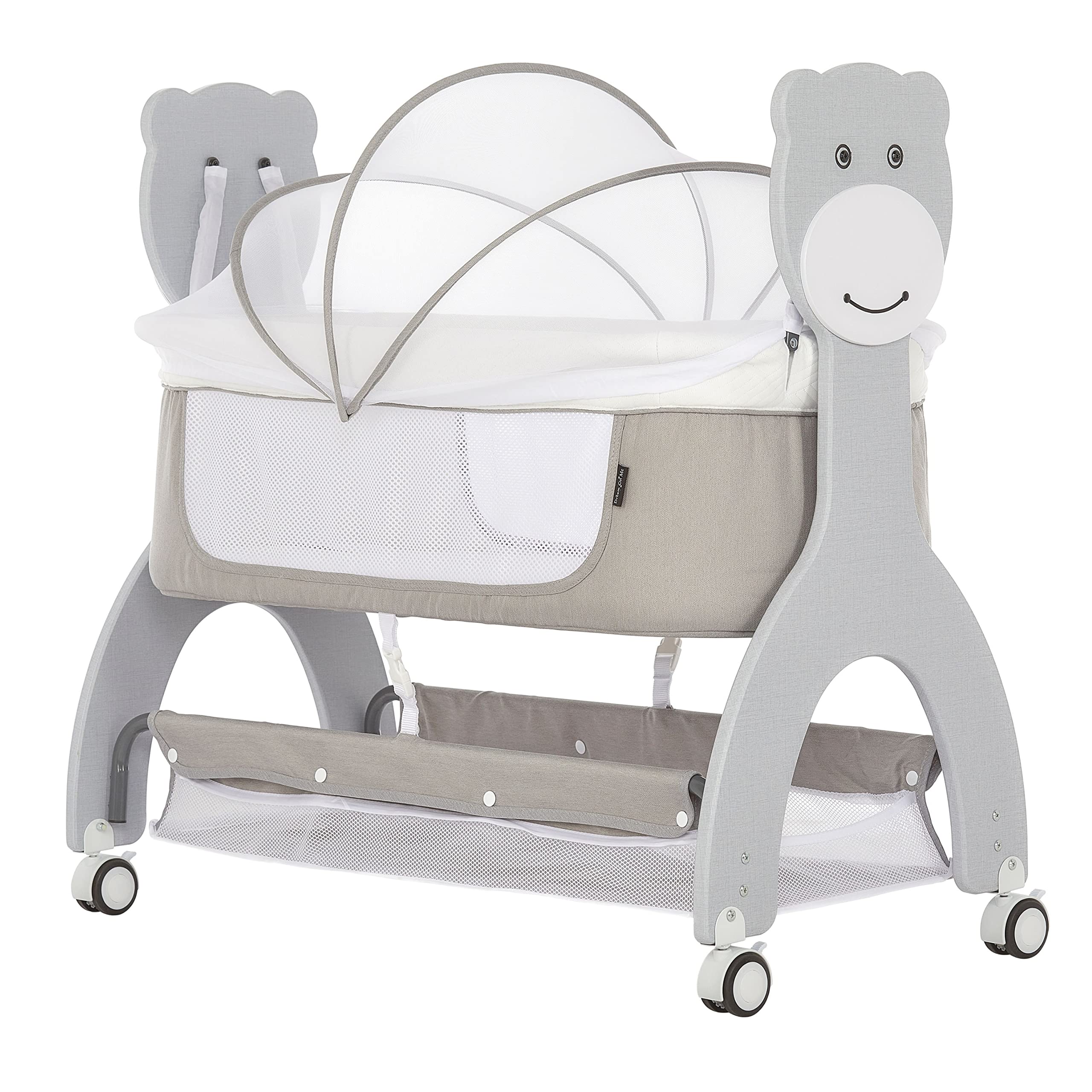 Dream On Me Cub Portable Bassinet in Grey, Multi-Use Baby Bassinet with Locking Wheels, Large Storage Basket, Mattress Pad Included, JPMA Certified