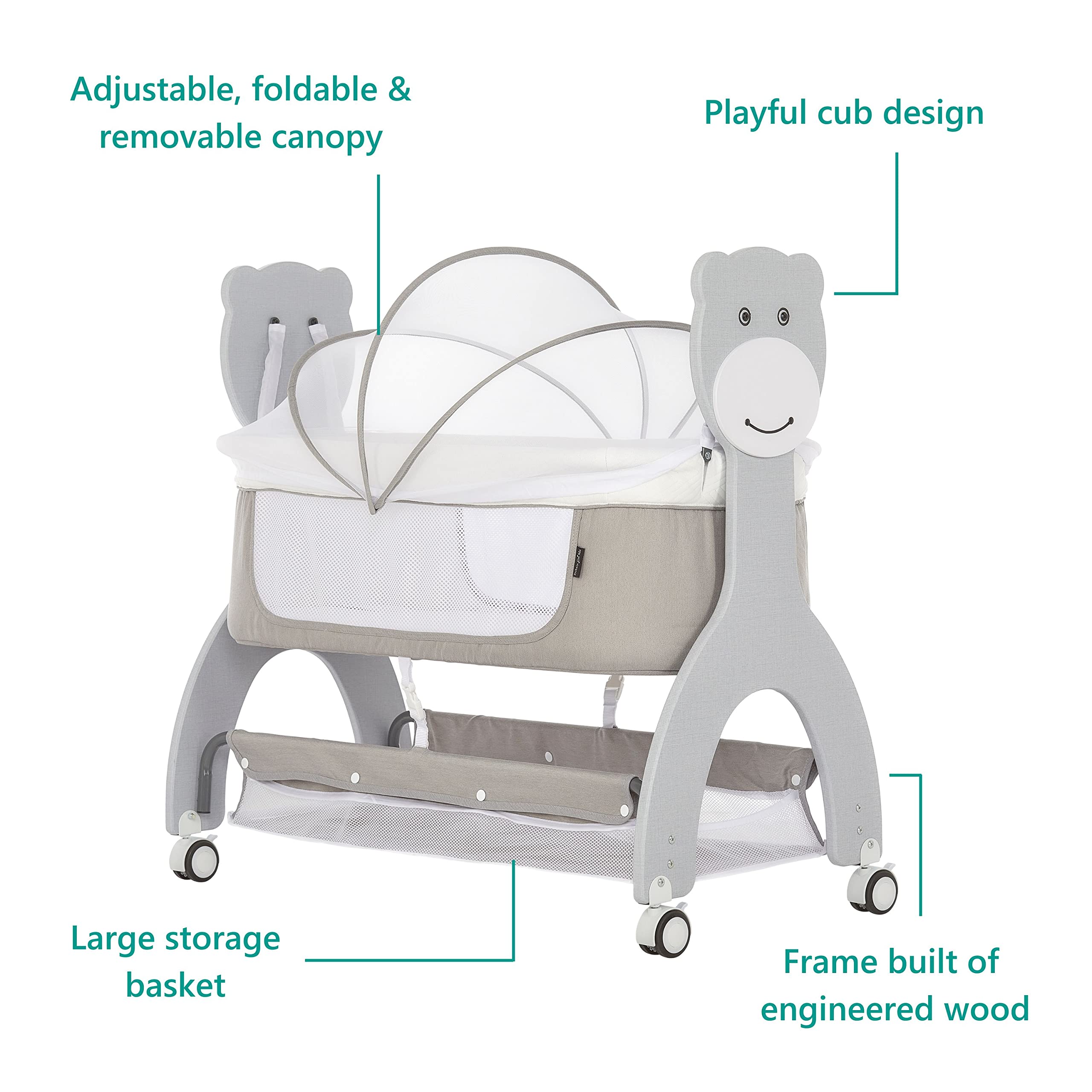 Dream On Me Cub Portable Bassinet in Grey, Multi-Use Baby Bassinet with Locking Wheels, Large Storage Basket, Mattress Pad Included, JPMA Certified