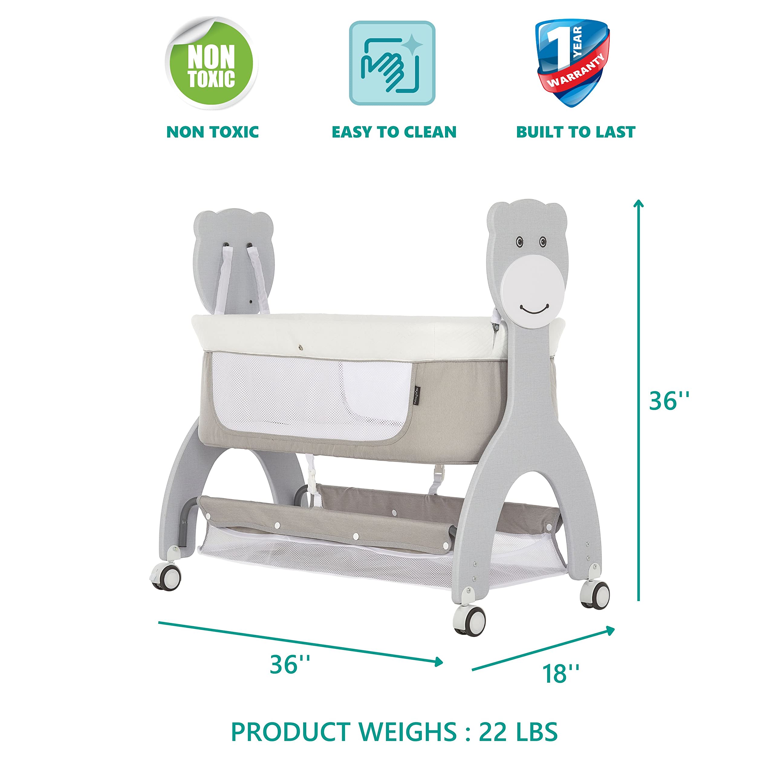 Dream On Me Cub Portable Bassinet in Grey, Multi-Use Baby Bassinet with Locking Wheels, Large Storage Basket, Mattress Pad Included, JPMA Certified