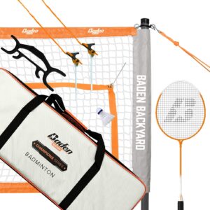 baden | champions | portable badminton set | regulation net + 3 shuttlecocks + 4 racquets + 1 boundary + 1 carry bag | orange/gray