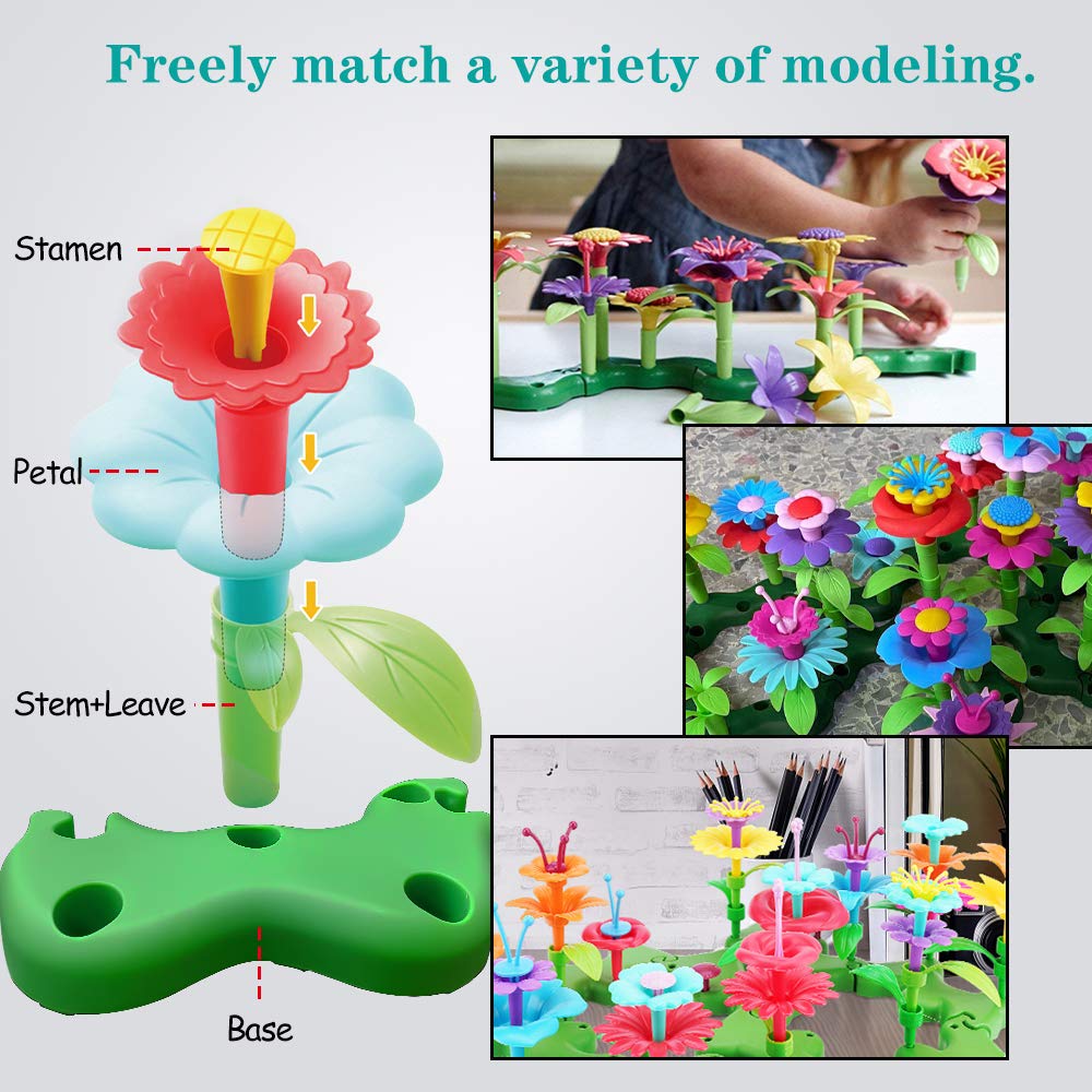 Scientoy Flower Garden Building Toys, Girl Toys Build a Garden, 130 PCS Flower Pretend Gardening Gift for Kids, Floral Arrangement Playset for Age 3-7 Year Old Child Educational Activity