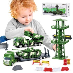 army toy trucks for boy ages 3-5, military playset includes tank, flatbed trailer transport vehicle, watch tower, missile launcher truck & accessories(40pcs), ideal gift for 3 year old and up children