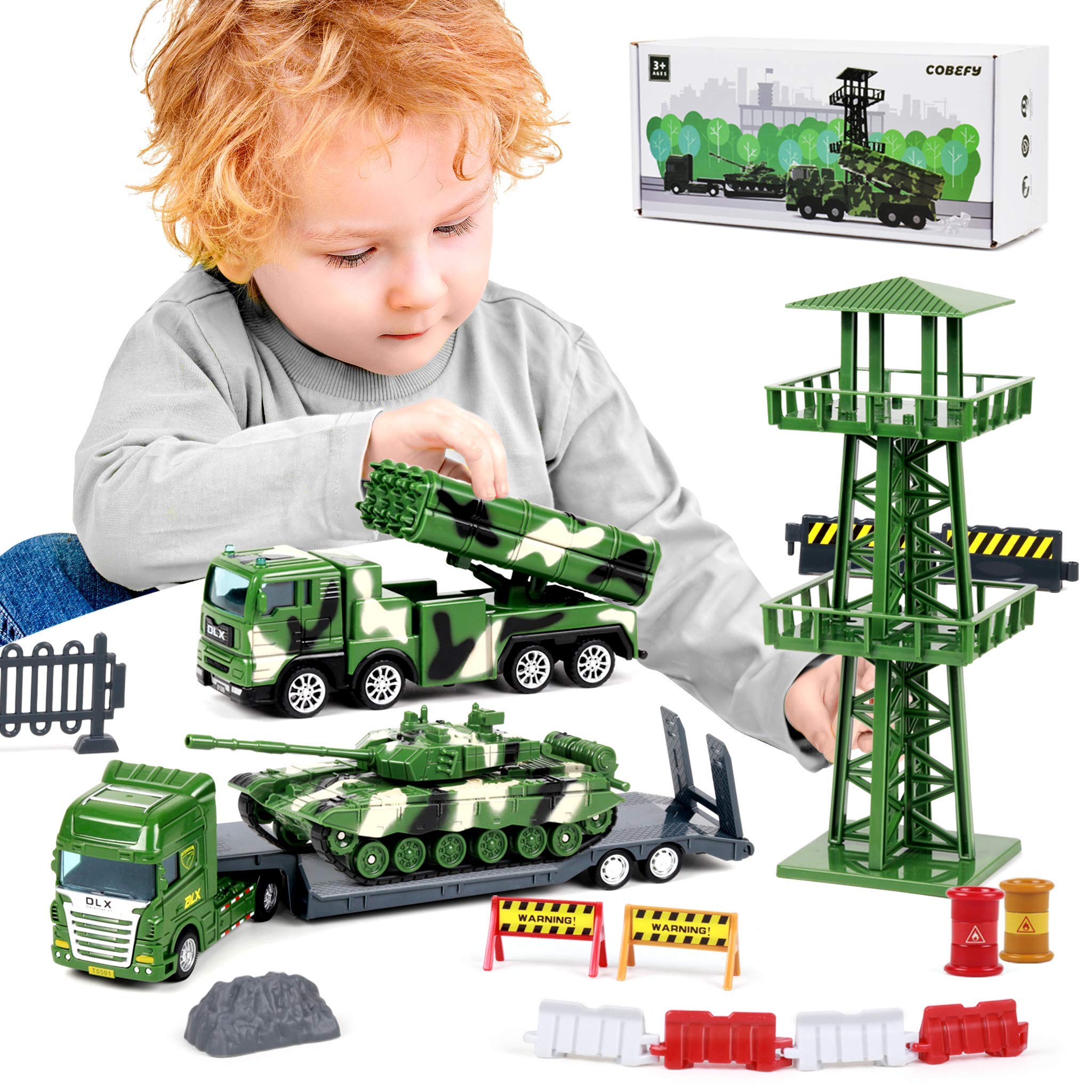 Army Toy Trucks for Boy Ages 3-5, Military Playset Includes Tank, Flatbed Trailer Transport Vehicle, Watch Tower, Missile Launcher Truck & Accessories(40PCS), Ideal Gift for 3 Year Old and Up Children