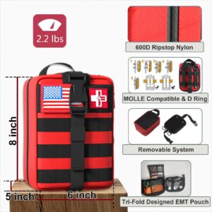 [2024 Upgrade] First Aid Kit,Survival Gear Outdoor Tactical Gear Set Military Grade Molle System for Camper Travel Hunting Hiking and Adventures（RED）
