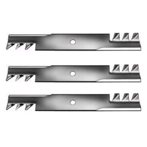 set of 3 new toothed mulching blade fits raptor, fits toro, universal, universal products 74830, 74841, 74845, 74851, 74855, 74871, titan z 48" models interchangeable with 107-3192, 107-3192-03