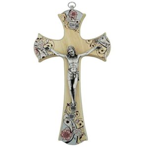 wooden wall crucifix | choose from 5 beautiful designs | great christian gift for weddings and housewarmings | home goods | made in italy (8.5" floral cross)