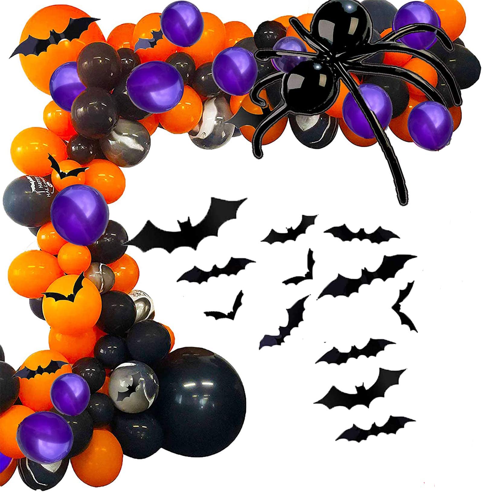 Bonropin Halloween Balloon Arch Garland kit with Agate Grey Black Orange Purple Balloons Spider Balloons, long balloon, 3D Bat Sticker for Halloween Theme Party Background Classroom Decorations