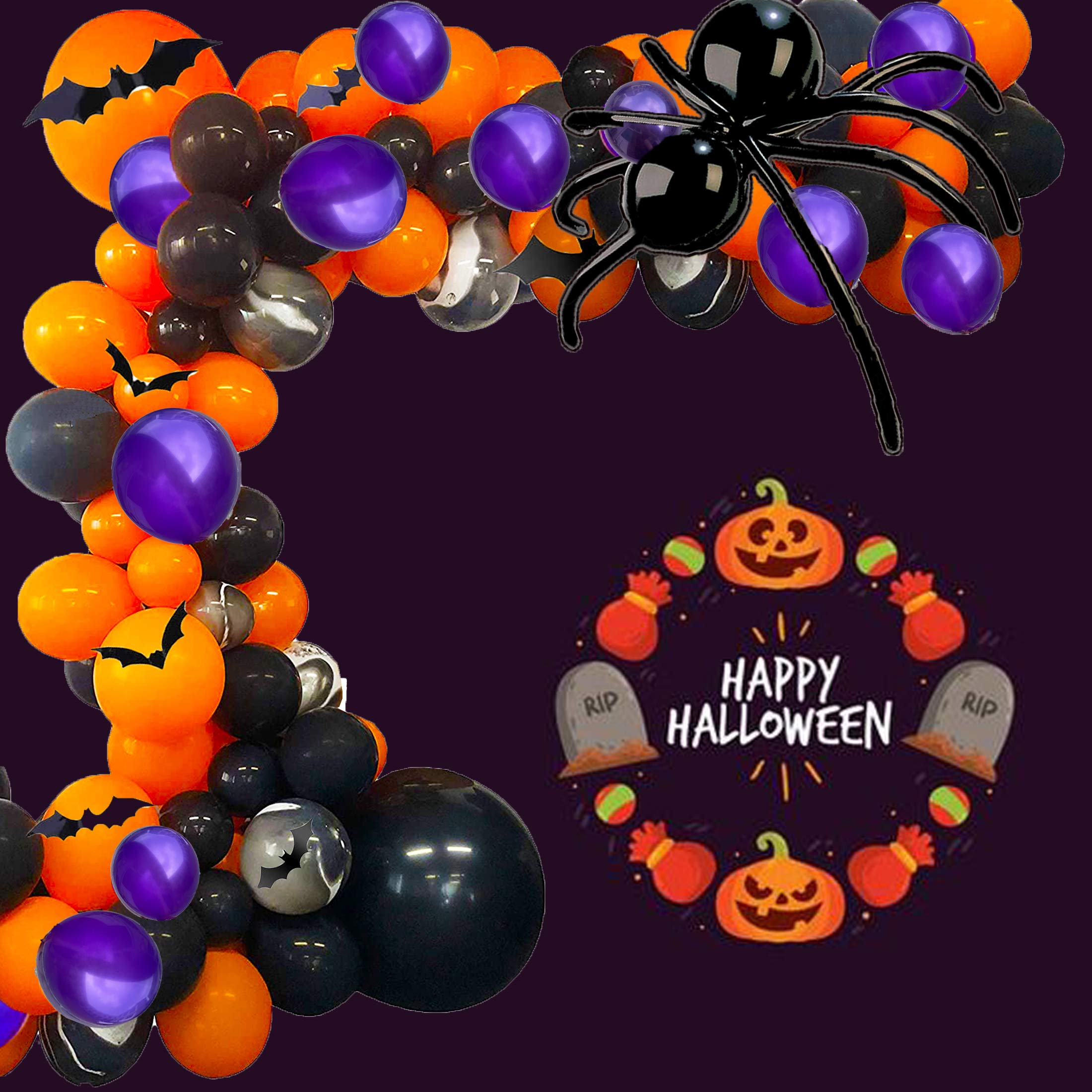 Bonropin Halloween Balloon Arch Garland kit with Agate Grey Black Orange Purple Balloons Spider Balloons, long balloon, 3D Bat Sticker for Halloween Theme Party Background Classroom Decorations