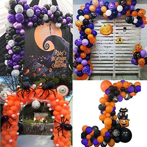 Bonropin Halloween Balloon Arch Garland kit with Agate Grey Black Orange Purple Balloons Spider Balloons, long balloon, 3D Bat Sticker for Halloween Theme Party Background Classroom Decorations