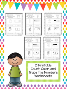 21 printable count, color, trace, the number worksheets