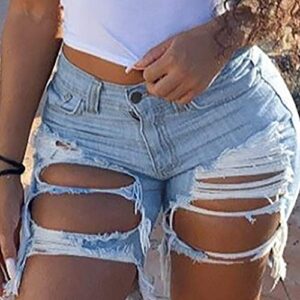 GDJGTA Women Jeans Shorts Pants Overalls Pants Stretch-Free Slim Hole Distressed Casual Fit Hot Pants Light Blue