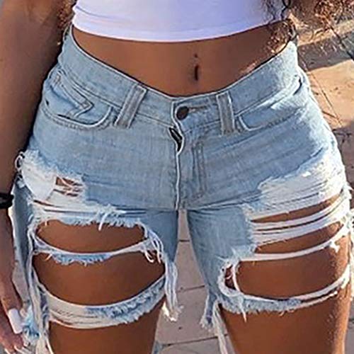 GDJGTA Women Jeans Shorts Pants Overalls Pants Stretch-Free Slim Hole Distressed Casual Fit Hot Pants Light Blue