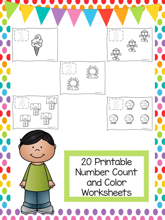 20 Printable Number Count and Color Worksheets