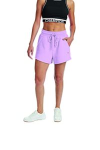 champion reverse weave fleece-drawstring, women’s shorts, 3', tinted lavender c-patch logo, large