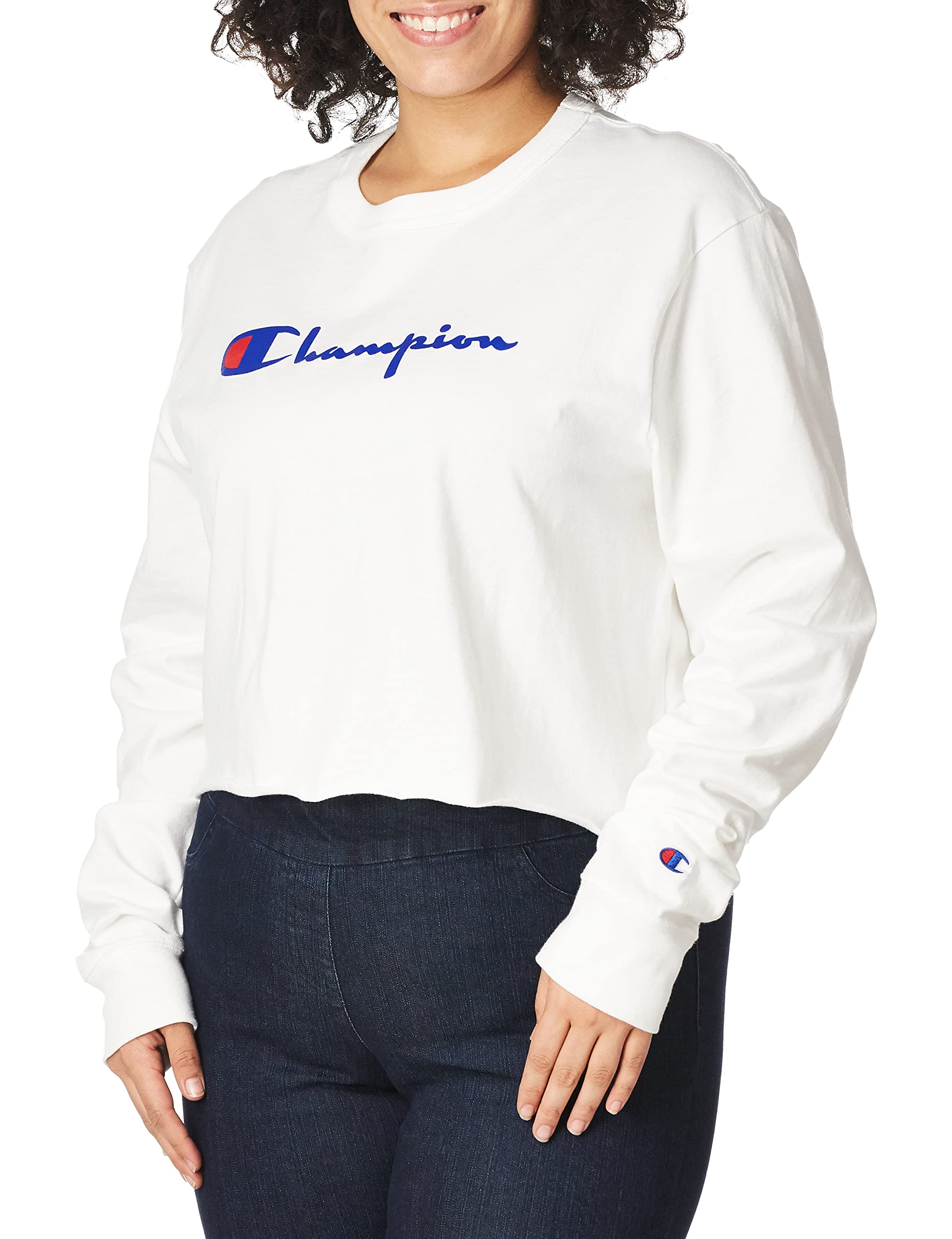 Champion Women's Boyfriend Long Sleeve Cropped Tee, GFS SILVER GREY, SMALL