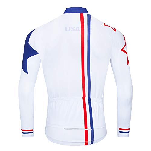 Men Cycling Jersey USA Bike Long Sleeve 3-Pockets Breathable Quick-Dry Shirt Tops S-3XL