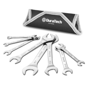 duratech super-thin open end wrench set, sae, 8-piece, including 1/4", 9/32", 5/16", 3/8", 11/32", 13/32", 7/16", 1/2", 9/16", 11/16", 3/4", 13/16", 7/8", 15/16", 1", 1-1/16", with rolling pouch