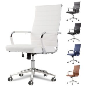 okeysen white office desk chair, ergonomic leather modern conference room chairs, executive ribbed height adjustable swivel rolling chair for home office.