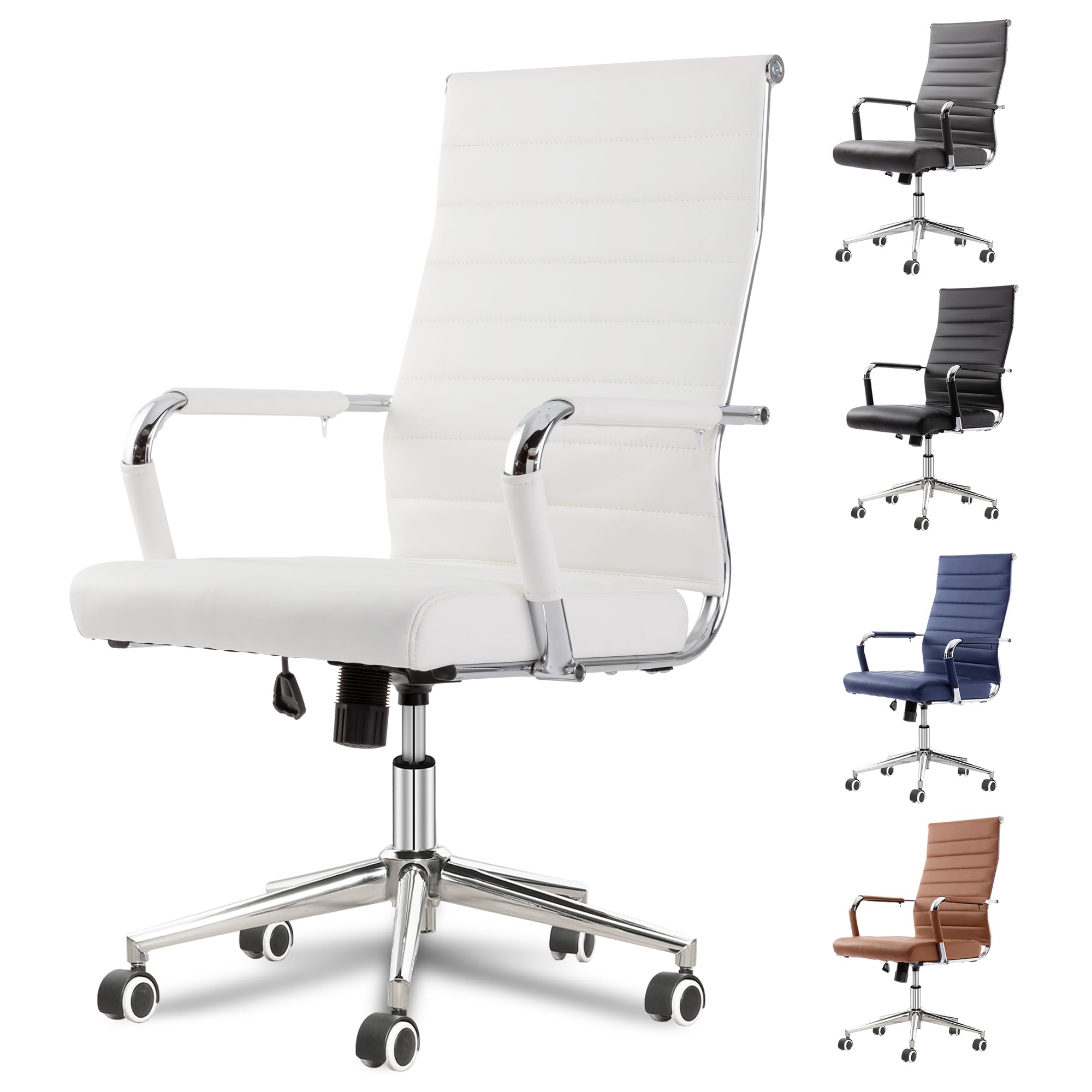 Okeysen White Office Desk Chair, Ergonomic Leather Modern Conference Room Chairs, Executive Ribbed Height Adjustable Swivel Rolling Chair for Home Office.