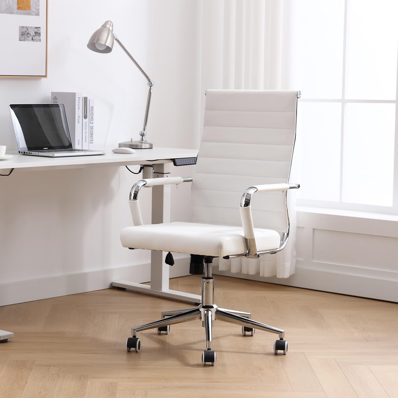 Okeysen White Office Desk Chair, Ergonomic Leather Modern Conference Room Chairs, Executive Ribbed Height Adjustable Swivel Rolling Chair for Home Office.