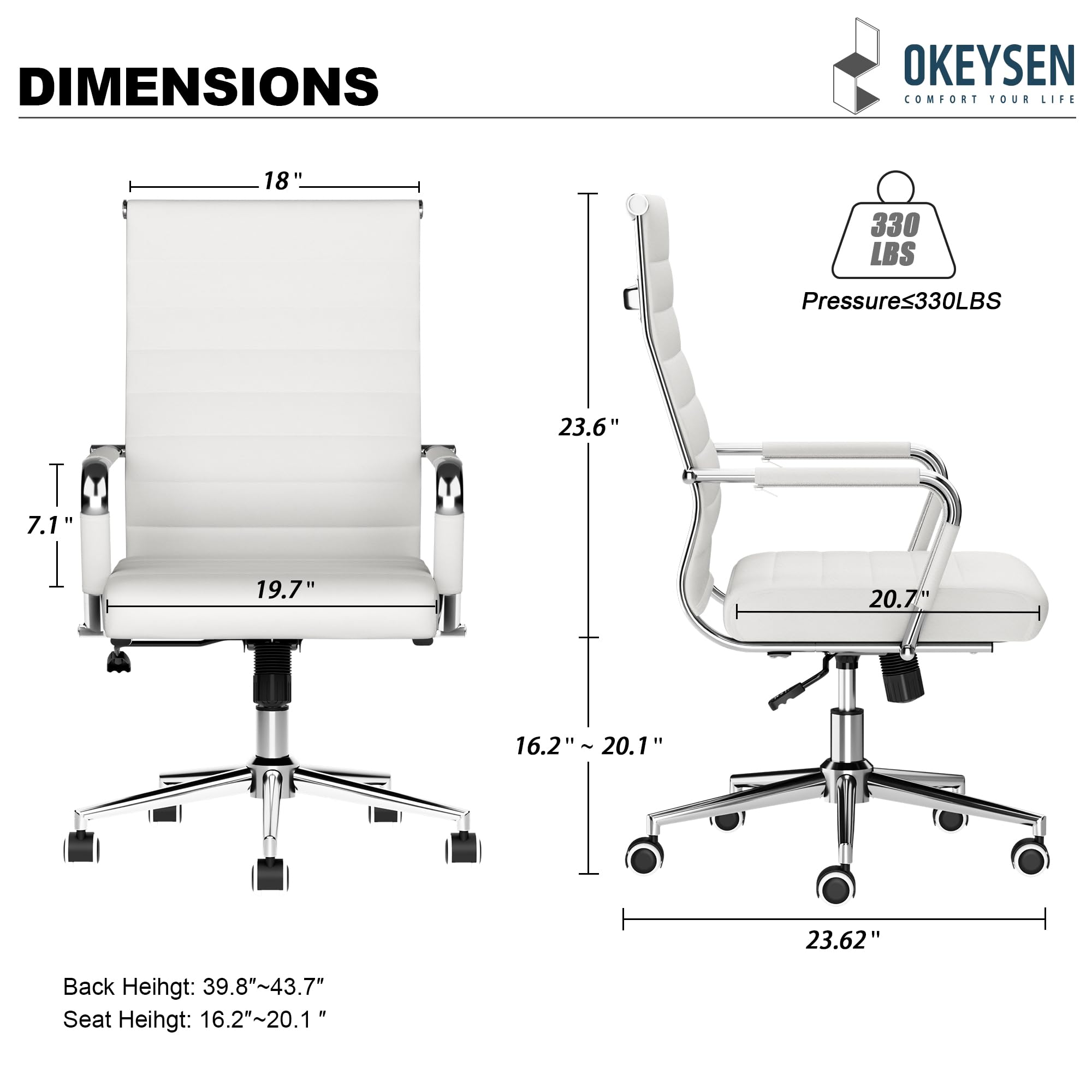 Okeysen White Office Desk Chair, Ergonomic Leather Modern Conference Room Chairs, Executive Ribbed Height Adjustable Swivel Rolling Chair for Home Office.