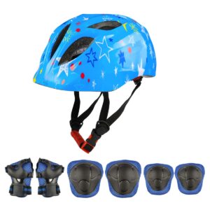 besmall kids helmet protective gear set, child ages 3-7 cycling adjustable helmet safety pads set for boys girls roller skateboard bicycle blue （helmet + 2 knee + 2 elbow pads + 2 wrist guards）