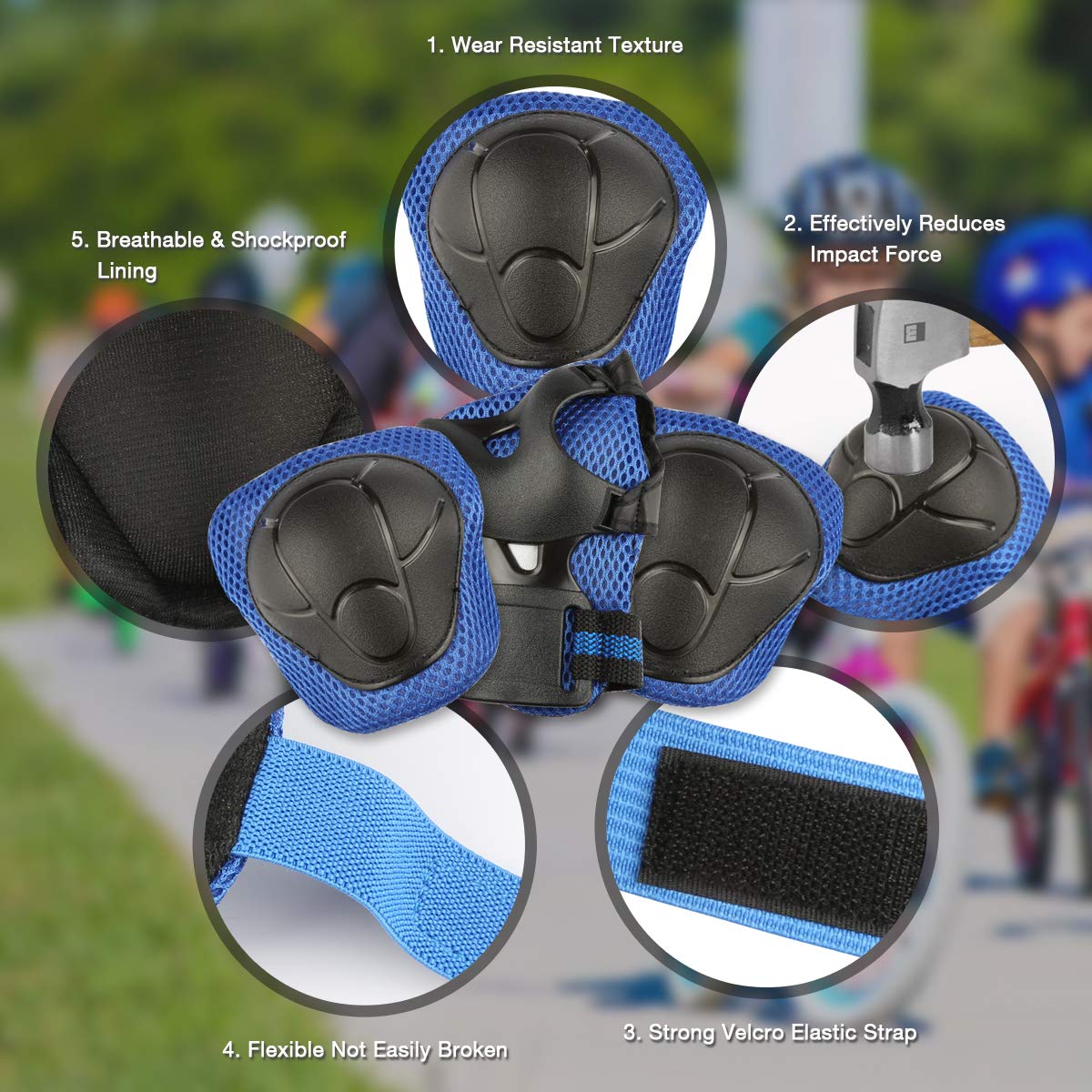 Besmall Kids Helmet Protective Gear Set, Child Ages 3-7 Cycling Adjustable Helmet Safety Pads Set for Boys Girls Roller Skateboard Bicycle Blue （Helmet + 2 Knee + 2 Elbow Pads + 2 Wrist Guards）