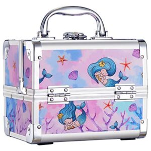 joligrace makeup train case for girls cosmetic box kids jewelry organizer hair accessories storage lockable with 2-tier trays & mirror mermaid princess