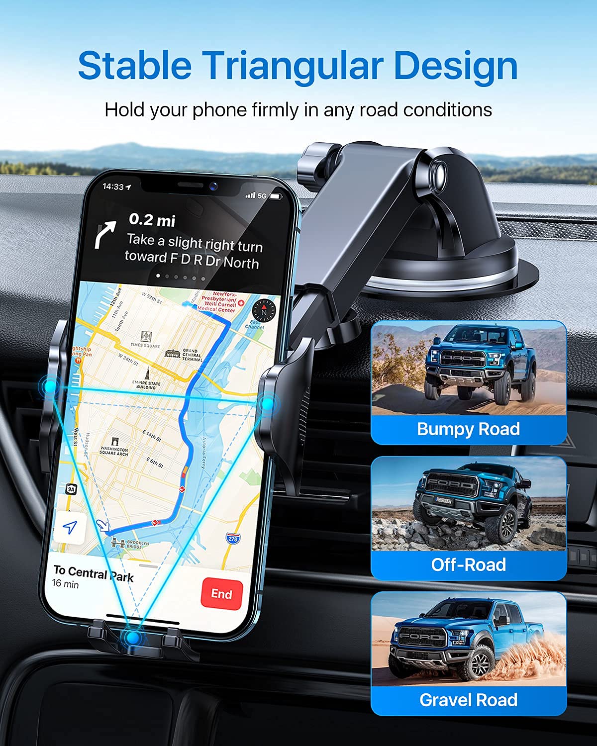 andobil Cell Phone Holder for Car [Powerful Suction][Bumps Friendly] Universal 3in1 Phone Mount for Car Dashboard Windshield Air Vent Compatible with iPhone 14/13/12, Samsung S22 All Phones