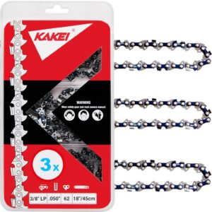 kakei 18 inch chainsaw chain 3/8" lp pitch, 050" gauge, 62 drive links fits poulan, kobalt, echo, ego, greenworks and more- s62 (3 chains)