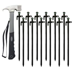 linwnil tent stakes camping hammer accessories set, 12pcs heavy duty 12in tent stakes, 1pce camping hammer (gray) forged steel unbent tent pegs-ideal camping stakes for rocky/hard places