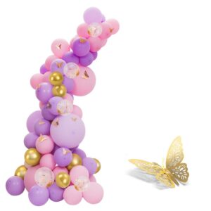 pink and purple balloon garland kit - 118pcs pink and purple balloons with gold butterflies - perfect for butterfly party decorations, baby shower decorations, girls' birthday and wedding.